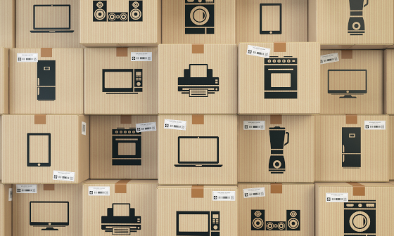 Household kitchen appliances and home electronics in boxes . E-c